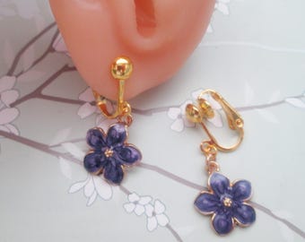 Enameled Purple Flower Earrings: Invisible Clip On or Metal Free Ear Wire