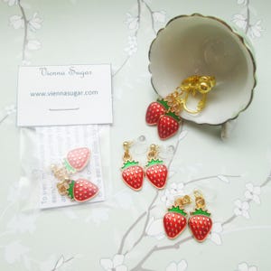Enameled Strawberry Invisible Clip On Earrings Hinge Back or Hypoallergenic Metal Free Ear Wire