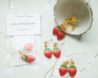 Enameled Strawberry Invisible Clip On Earrings Hinge Back or Hypoallergenic Metal Free Ear Wire