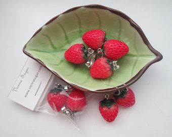 Red Resin 3D Strawberry Invisible Clip On or Pierced Earrings Metal Free Ear Wire