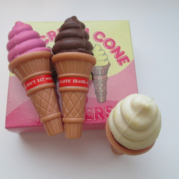 Vintage Fake Food 1982 Ice Cream Cone Eraser Set in Plastic Holders