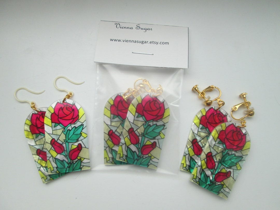 Stained Glass Window Red Rose Clip on Earrings No Pierce Dangle Earring Etsy