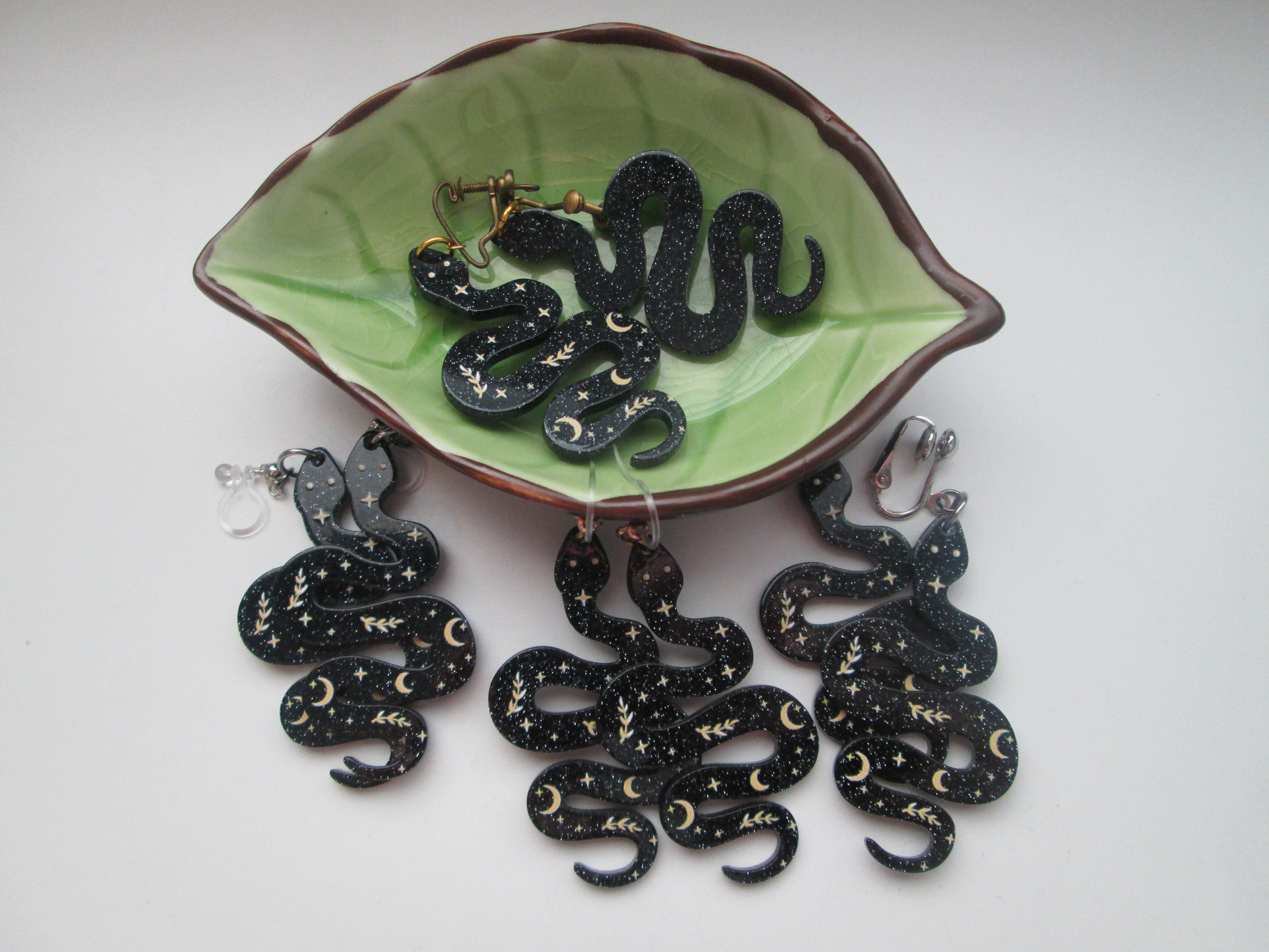 Black Glitter Snake Invisible Clip On Earrings or Hypoallergenic Metal Free Ear Wires for Sensitive Ears