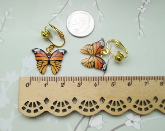 Monarch Butterfly Invisible Clip On Hinge Back Metal Free Ear Wire Earrings