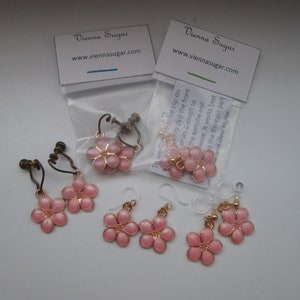 Enameled Pink Sakura Cherry Blossom Invisible Clip On Earrings or Hypoallergenic Metal Free Ear Wires for Sensitive Ears