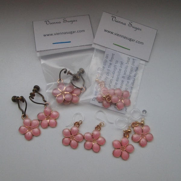 Enameled Pink Sakura Cherry Blossom Invisible Clip On Earrings or Hypoallergenic Metal Free Ear Wires for Sensitive Ears