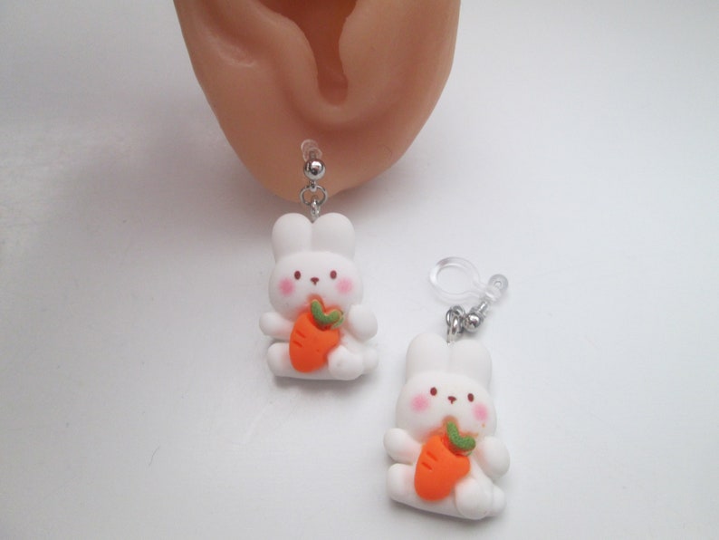 Cute Bunny and Carrot Invisible Clip On Earrings Hinge Back or Metal Free Ear Wire for Sensitive Ears image 9