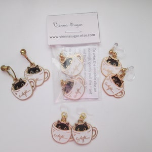 Black Cat in Coffee Cup Invisible Clip On Earrings or Hypoallergenic Metal Free Ear Wires for Sensitive Ears