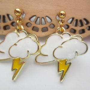 Enameled Cloud and Lightning Bolt Invisible Clip On Earrings or Hypoallergenic Metal Free Ear Wires for Sensitive Ears