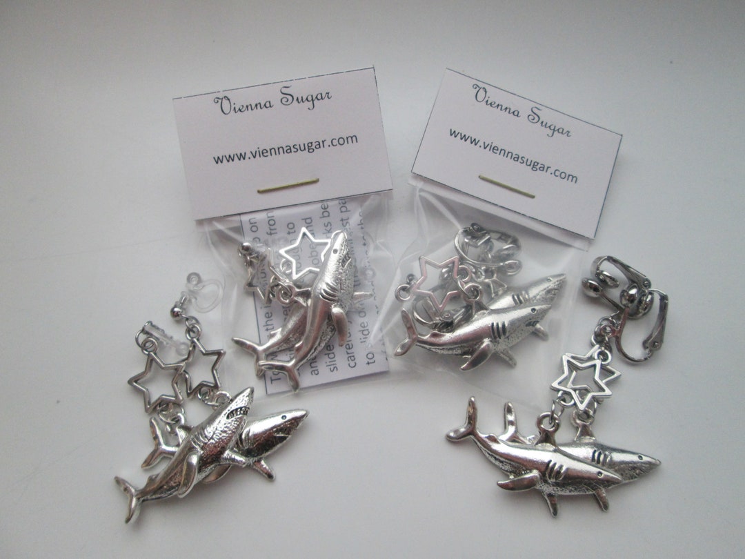 Shark Dangle Earrings: Silver Tone, Star Connector, Clip-on Option - Etsy