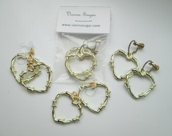 Gold Barbed Wire Heart Hoop Earrings: Clip On or Metal Free