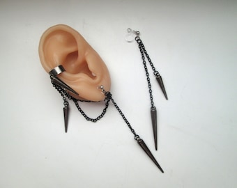 Spike & Black Chain Ear Cuff Earrings: Metal-Free Clip On Punk Jewelry