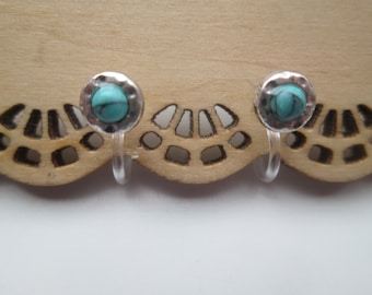 Simulated Turquoise in Silver Tone Setting Invisible Clip On Earrings