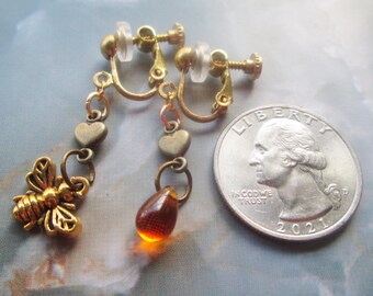 Asymmetric Honey Bee and Drop Earrings: Pierced and Clip On Options