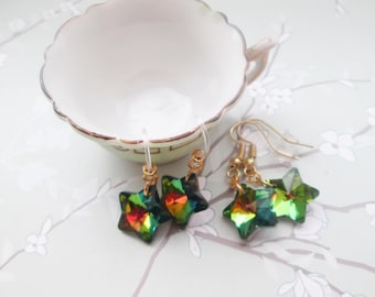 Rainbow Effect Vitrail Star Earrings: Clip On and Metal Free Ear Wire Options