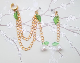 Lily of the Valley Ear Cuff Chain: Gold Tone Clip On or Metal-Free Ear Wire