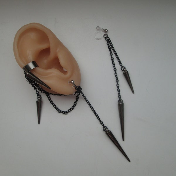 Spike and Black Chain Invisible Clip on Earrings with Connected Ear Cuff or Metal Free Ear Wire