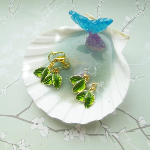 Green Leaf Clip On Earrings: Hypoallergenic Metal-Free Ear Wires