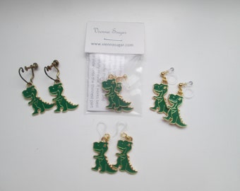 Enameled Green Cartoon Dinosaur Invisible Clip On Screw Back Metal Free Ear Wire Earrings