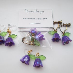 Purple Flower Clip On Earrings: Iridescent Acrylic, Metal-Free Option