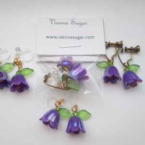 Purple Iridescent Flower Invisible Clip On Earrings or Hypoallergenic Metal Free Ear Wires for Sensitive Ears