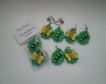 Asymmetric Butterfly Caterpillar Earrings: Resin Clip-On or Wire