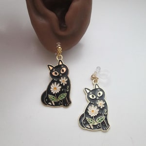 Black Cat Earrings with Flowers: Enamel Clip Ons or Hypoallergenic Ear Wires