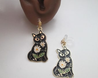 Black Cat with Flowers Invisible Clip On Earrings or Hypoallergenic Metal Free Ear Wires for Sensitive Ears