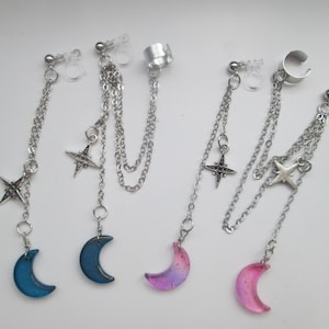 Celestial Moon & Star Theme Connected Ear Cuff Chain with Crescent Moon Clip On Earring or Post Style