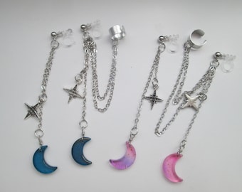 Celestial Moon and Star Ear Cuff Chain: Clip On or Post Earring