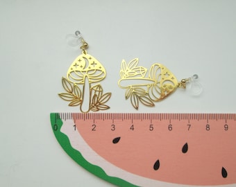 Gold Mushroom Clip on Earrings: Hypoallergenic Metal-free Option