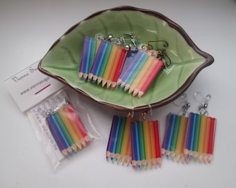 Rainbow Colored Pencils Invisible Clip On Earrings or Metal Free Ear Wires