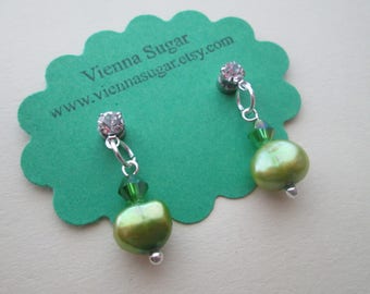 8 mm Green Genuine Freshwater Pearl Magnetic Earrings No Pierce Clip On Earrings or Pierced Hypoallergenic Plastic Post
