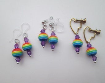 Rainbow Invisible Clip On Earrings Screw Back or Hypoallergenic Metal Free Plastic Hook for Sensitive Ears
