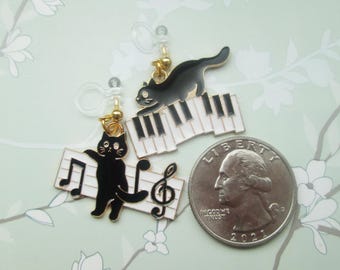 Black Piano Cat Earrings: Metal Free Clip On or Pierced Options