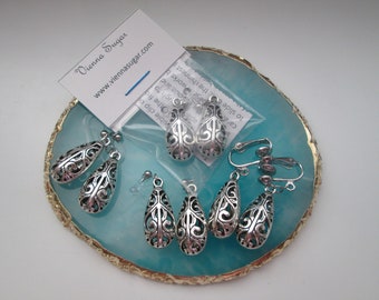 3D Filigree Design Teardrop Invisible Clip On Earrings or Metal Free Ear Wire For Sensitive Ears