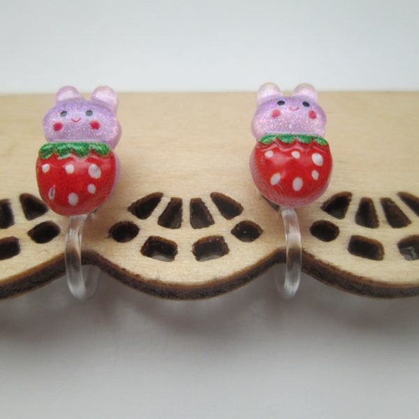 Tiny Bunny Rabbit and Strawberry Invisible Clip On Earrings No Pierce Studs