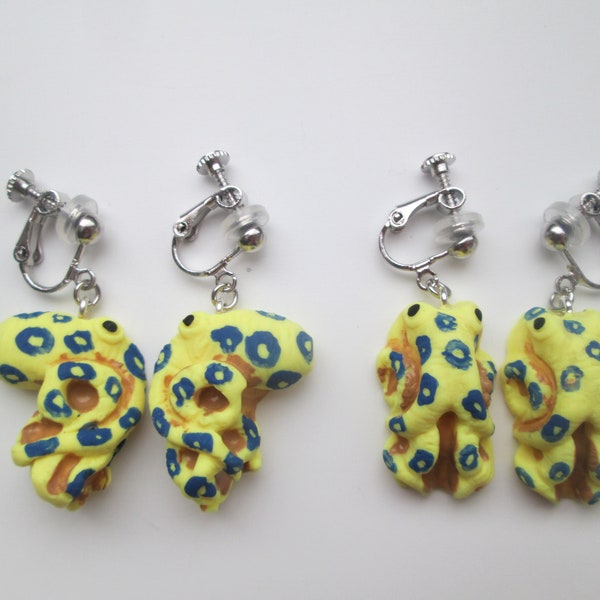 Blue Ringed Octopus Clip On Earrings or Hypoallergenic Metal Free Ear Wire for Sensitive Ears