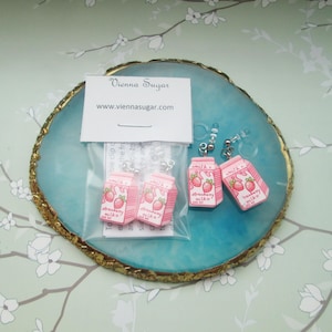 Resin Strawberry Milk Drink Carton Invisible Clip On Earrings Hinge Back or Metal Free Ear Wire