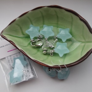 May include: Light blue star-shaped clip-on earrings displayed in a green leaf-shaped dish. The earrings have a silver-colored clip. A small package with the text "www.vienn" is also visible.