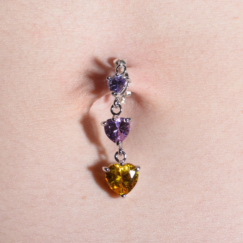 color Stacked Crystals Heart Dangle Clip on Belly Button Ring Fake Navel Piercing Tri