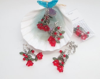 Red Trumpet Flower Clip On Earrings: Metal-Free Option for Sensitive Ears