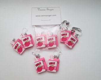 Strawberry Milk Carton Earrings: Resin Clip On or Metal Free Ear Wire
