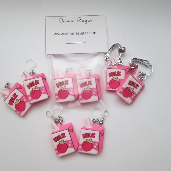 Resin Strawberry Milk Drink Carton Invisible Clip On Earrings Hinge Back or Metal Free Ear Wire