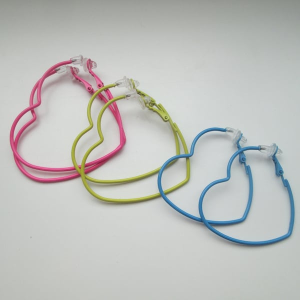 Heart Shaped Colorful Hoop Clip On Earrings with Silicone Pads for Comfort 4 cm, 4.5 cm, or 5 cm