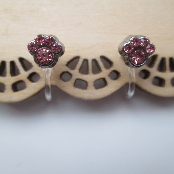 Tiny Pink Rhinestone Paw Print Invisible Clip On Earrings