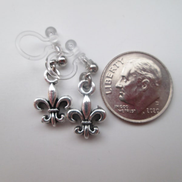 Silver Fleur de Lis Invisible Clip On Earrings Metal Hook or Hypoallergenic Metal Free Ear Wire