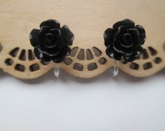 Black Resin Rose Invisible Clip On Earrings