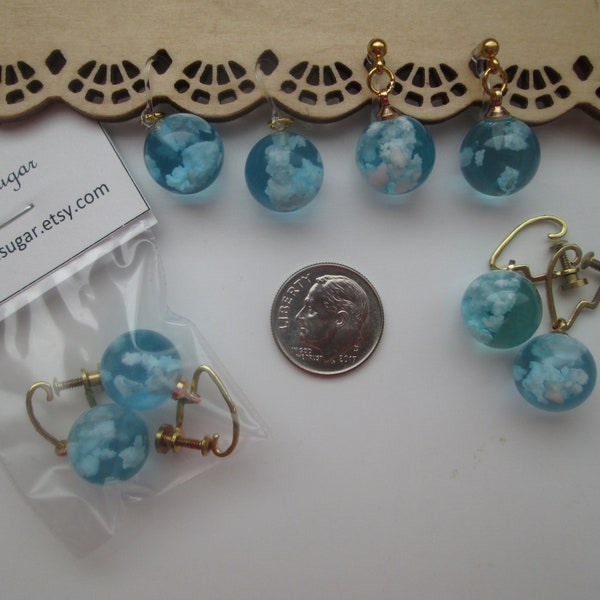 Blue Sky and Clouds Invisible Clip On Earrings or Hypoallergenic Metal Free Ear Wires for Sensitive Ears