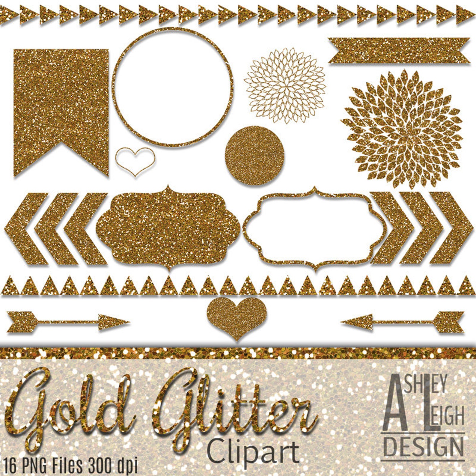 Gold Glitter Clipart for Digital Scrapbooking and More Set of 16